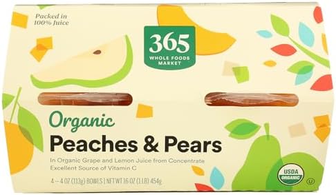 Four 365 by Whole Foods Market organic peaches and pears snack cups with fresh fruit visible in clear plastic cups.