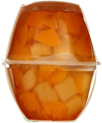 Organic peaches and pears snack cups by 365 Whole Foods Market, showing four resealable fruit snack cups with fresh fruit inside.