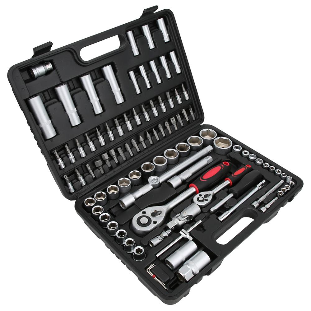 94-piece auto repair socket set with assorted sockets and hand tools in a storage case