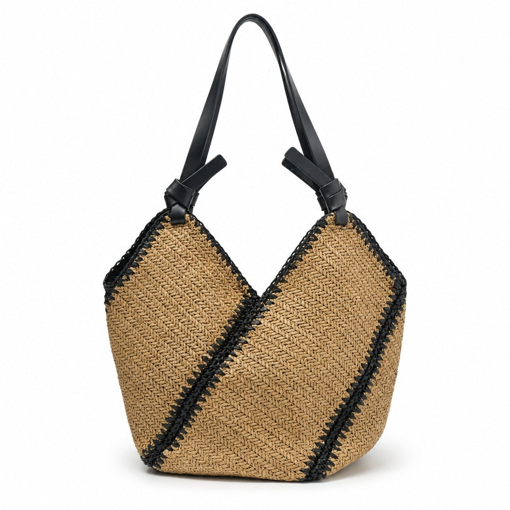 Striped straw handmade woven shoulder tote bag, large-capacity versatile design