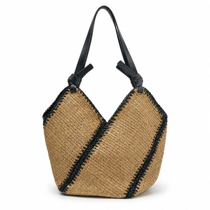 Striped straw handmade woven shoulder tote bag, large-capacity versatile design