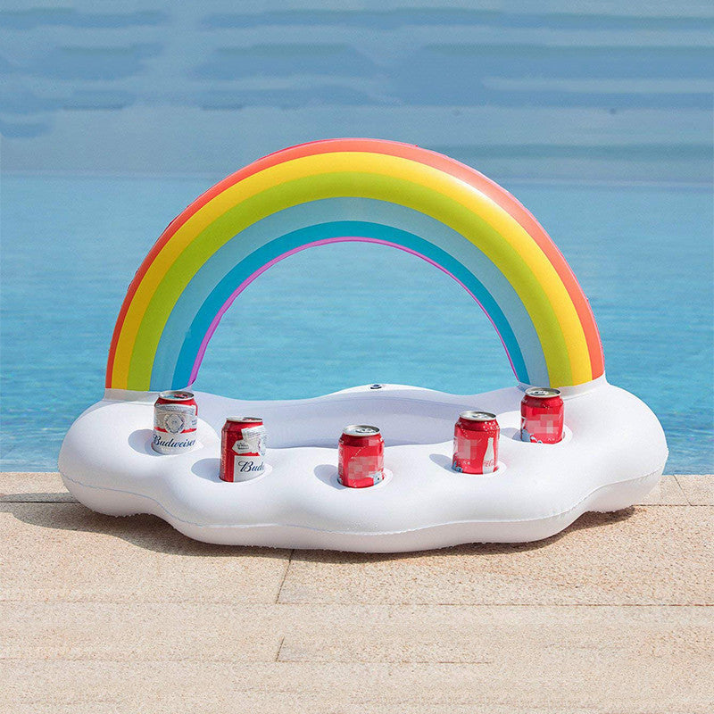 Gay pride rainbow inflatable pool float cooler with colorful rainbow stripes and built-in drink holder