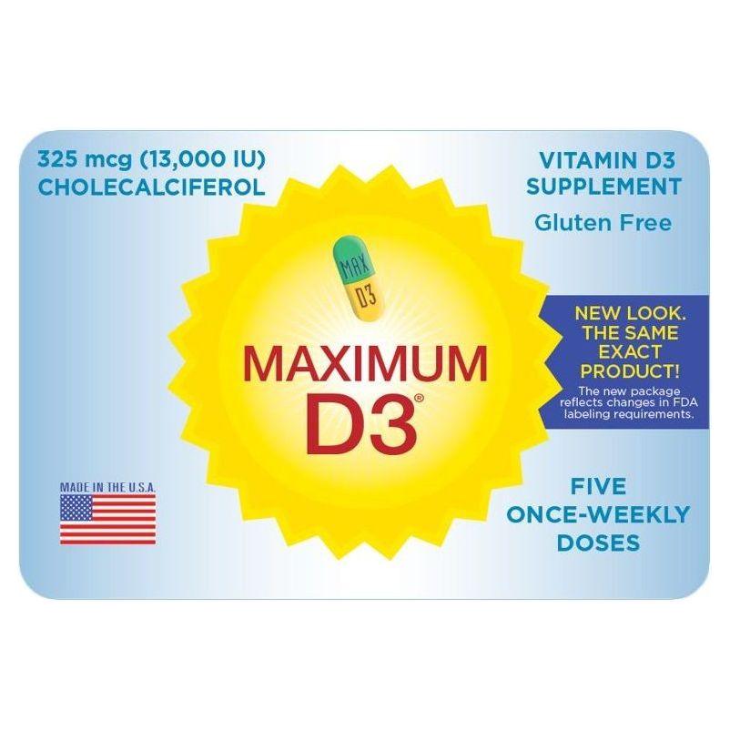 Bottle of Pasteur Pharmacy Maximum Vitamin D3 10,000IU cholecalciferol supplement with five weekly doses in blister packs.