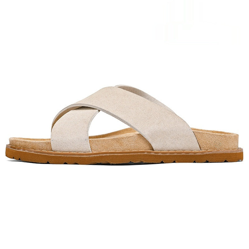 Men's high-end non-slip thick-soled slide sandals, side view of black open-toe footwear
