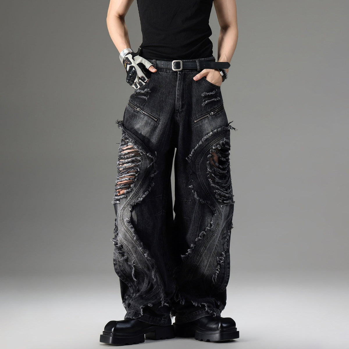 American-style vintage deconstructed distressed jeans with rugged denim detailing, My Store brand