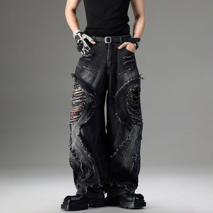 American-style vintage deconstructed distressed jeans with rugged denim detailing, My Store brand