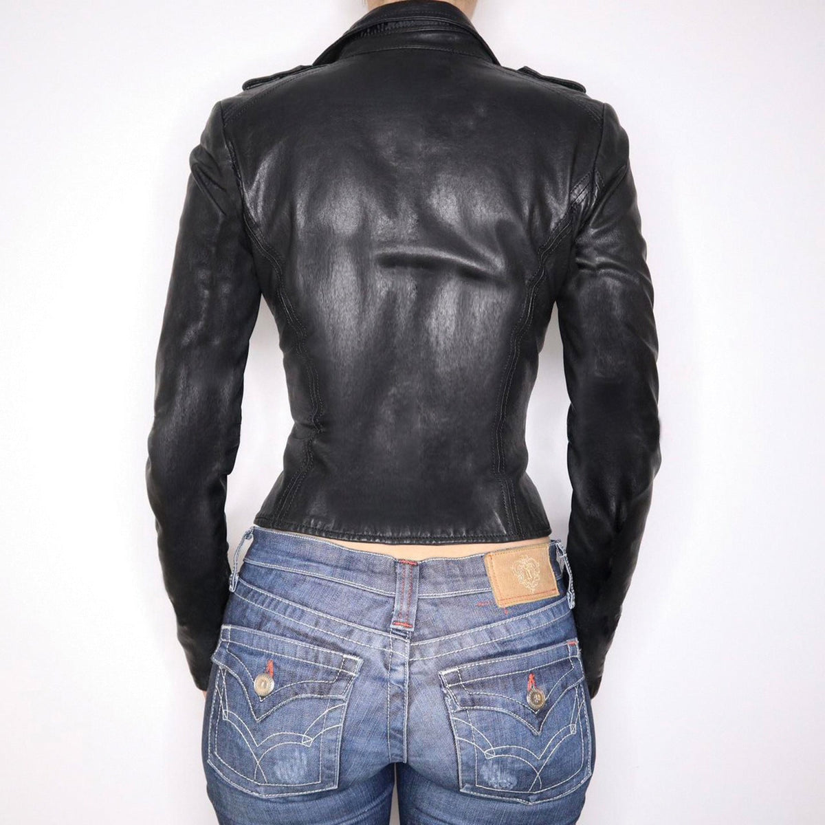 Locomotive-style leather patchwork waist-slimming jacket with structured collar mbilu
