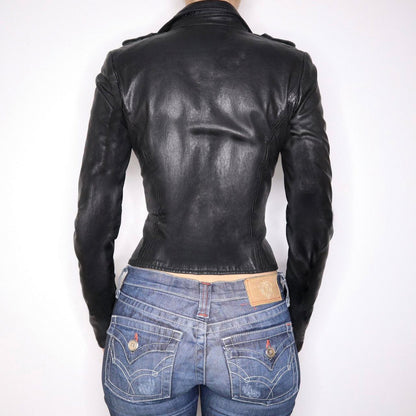 Locomotive-style leather patchwork waist-slimming jacket with structured collar mbilu