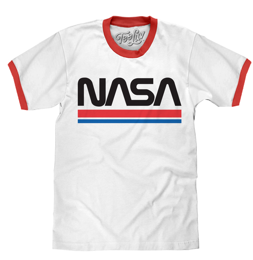 Men's NASA Worm Logo Ringer T-Shirt in white and red by Tee Luv, featuring the iconic NASA worm logo on a classic ringer tee.