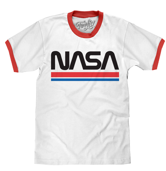 Men's NASA Worm Logo Ringer T-Shirt in white and red by Tee Luv, featuring the iconic NASA worm logo on a classic ringer tee.