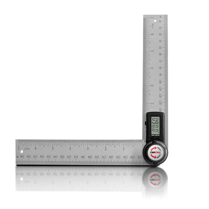 Electronic digital display angle ruler showing measurement screen and adjustable arms