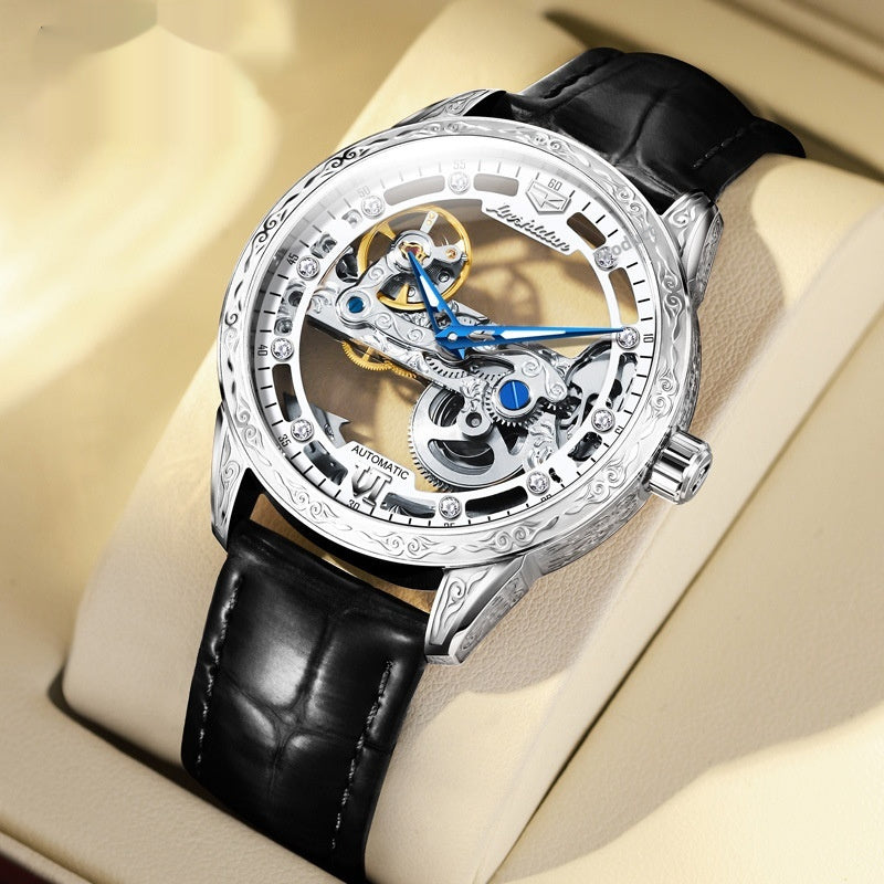 Openwork mechanical men's watch with waterproof leather strap and visible intricate movement details