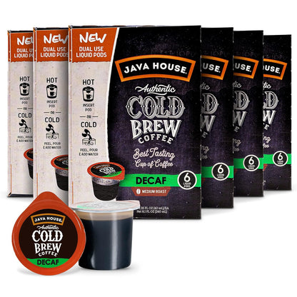 Colombian cold brew coffee pods by Java House, decaffeinated, 36-count package, fresh coffee pods in a box.
