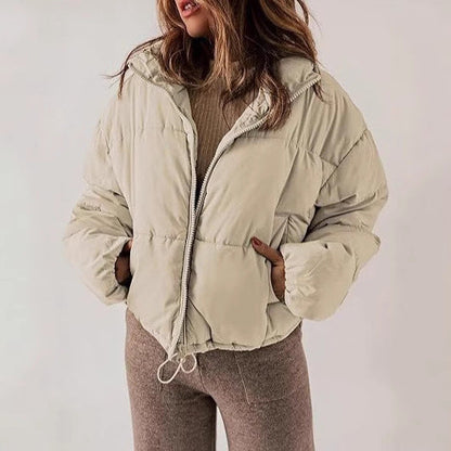 Stand-collar cotton-padded puffer coat for petite figures in a quilted design