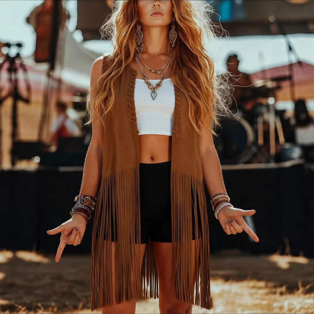 Suede tassel shawl sleeveless vest jacket in soft brown with fringe trim and an open front