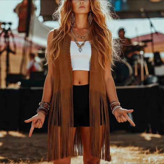 Suede tassel shawl sleeveless vest jacket in soft brown with fringe trim and an open front