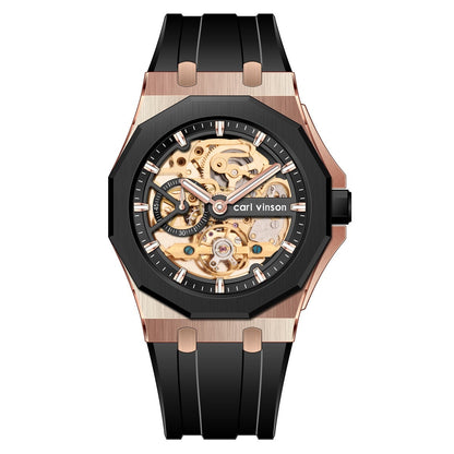 Fully automatic luminous decorative mechanical alloy watch with hollow dial and silicone strap