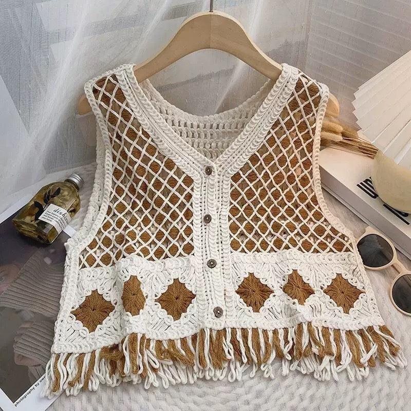 Vintage women's diamond-pattern knitted vest with tassel trim my store