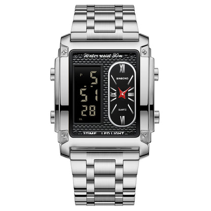 Men's creative steel belt electronic watch with double inserts, multifunction display, and waterproof design