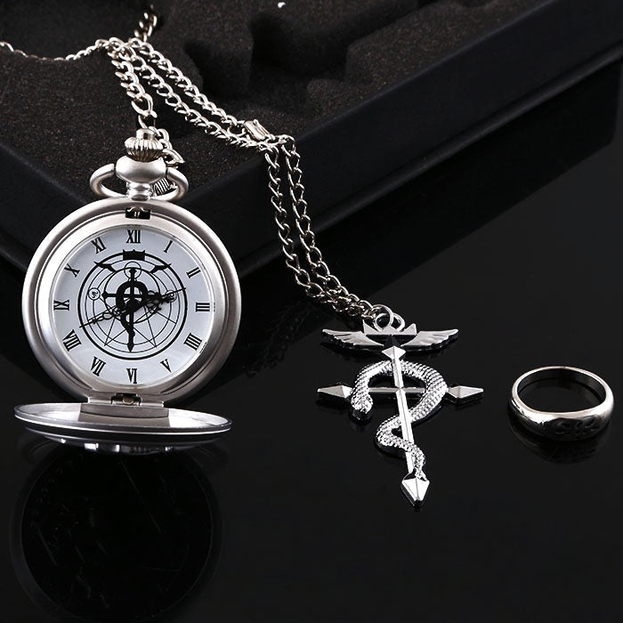 Fullmetal Alchemist pocket watch with engraved alchemy design on the cover