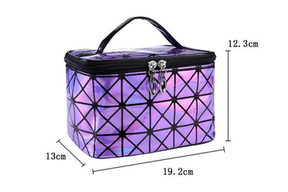 3D laser cosmetic bag with shimmering holographic finish and structured rectangular design
