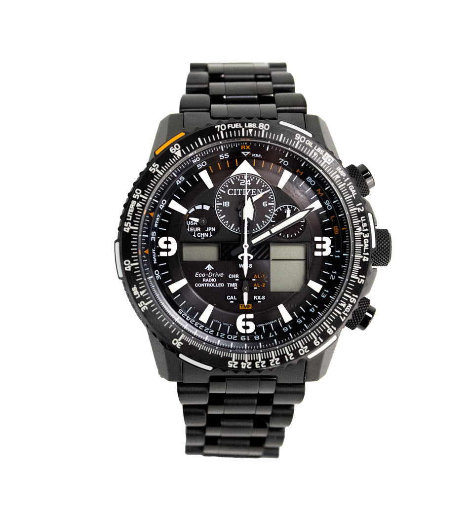 Citizen Promaster Skyhawk Eco-Drive chronograph watch with black stainless steel band and multiple dial features.
