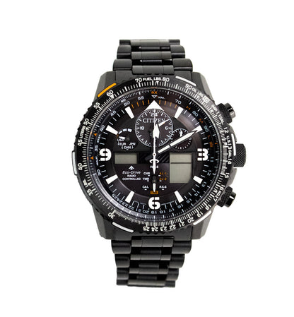 Citizen Promaster Skyhawk Eco-Drive chronograph watch with black stainless steel band and multiple dial features.