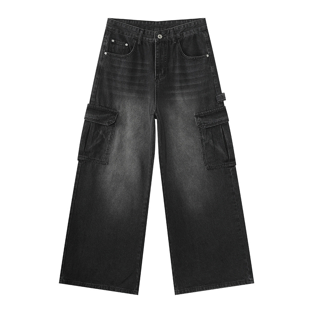 Bleached wide-leg multi-pocket straight-leg casual work pants by My Store