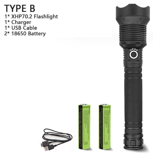 XHP70.2 powerful USB LED flashlight in black, handheld design with textured grip
