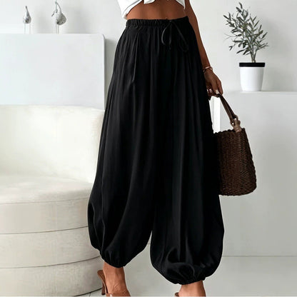 Women's summer loose drawstring wide-leg cropped harem pants with draped effect in 2026 style