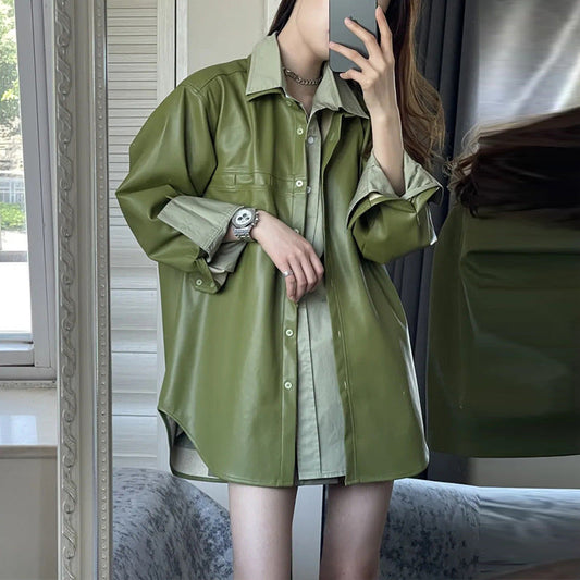 Spring autumn long sleeve thin shirt and PU jacket two-piece set by My Store
