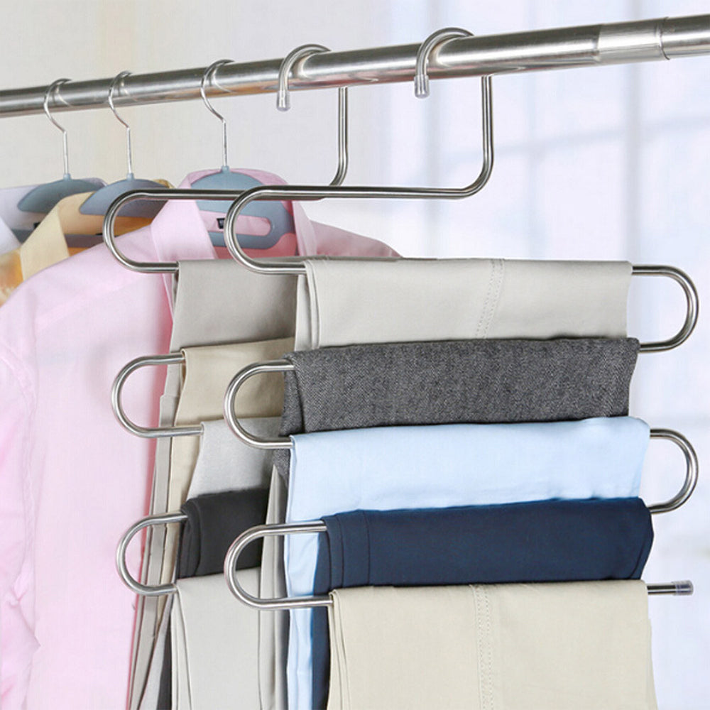 Magic non-slip S-type home pants rack in black metal, multiple hooks for hanging trousers and clothing