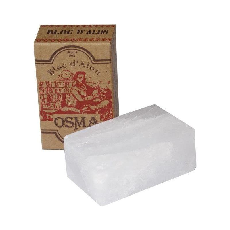Osma Alum Styptic Block for shaving by Pasteur Pharmacy, 2.65 oz, showing the solid block used to stop bleeding from nicks.
