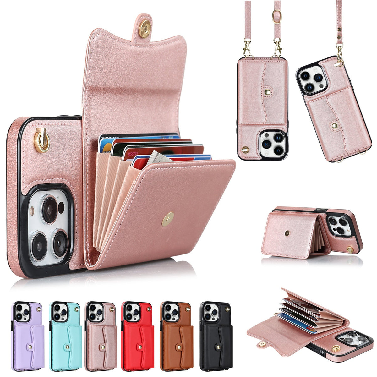 Crossbody card holder phone case with multiple card slots and adjustable strap