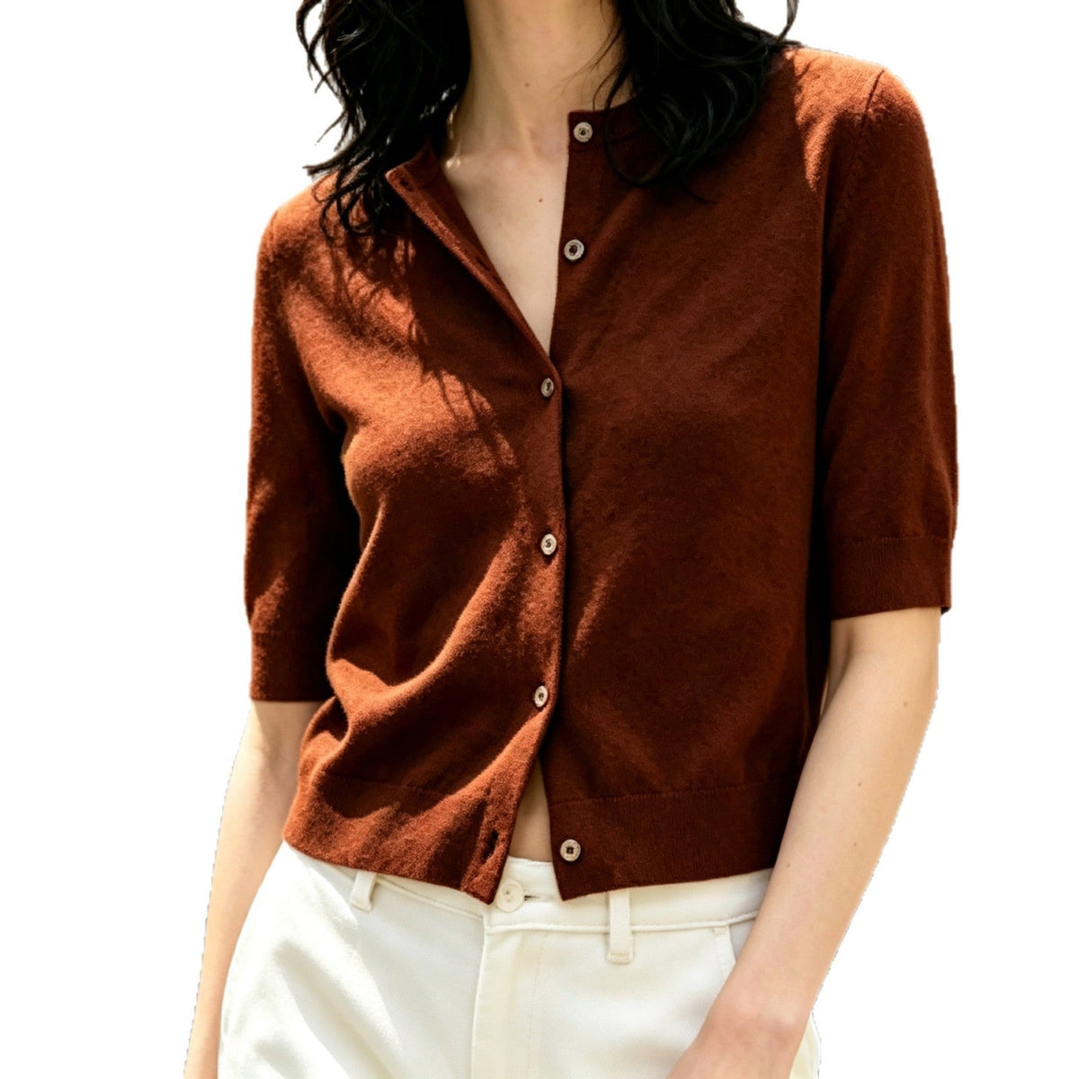 Women's wool knit long sleeve cardigan in solid color with single-button front for fall commuting