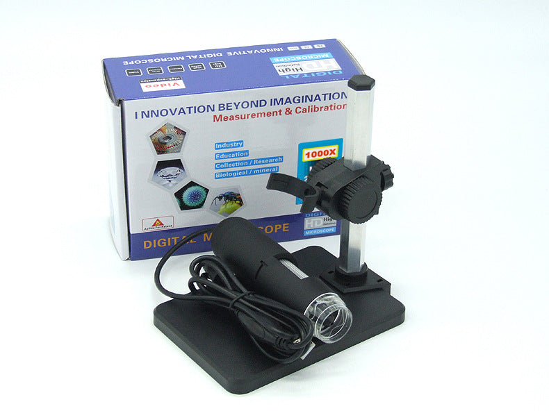 USB microscope camera with adjustable LED lights and magnified viewing lens setup
