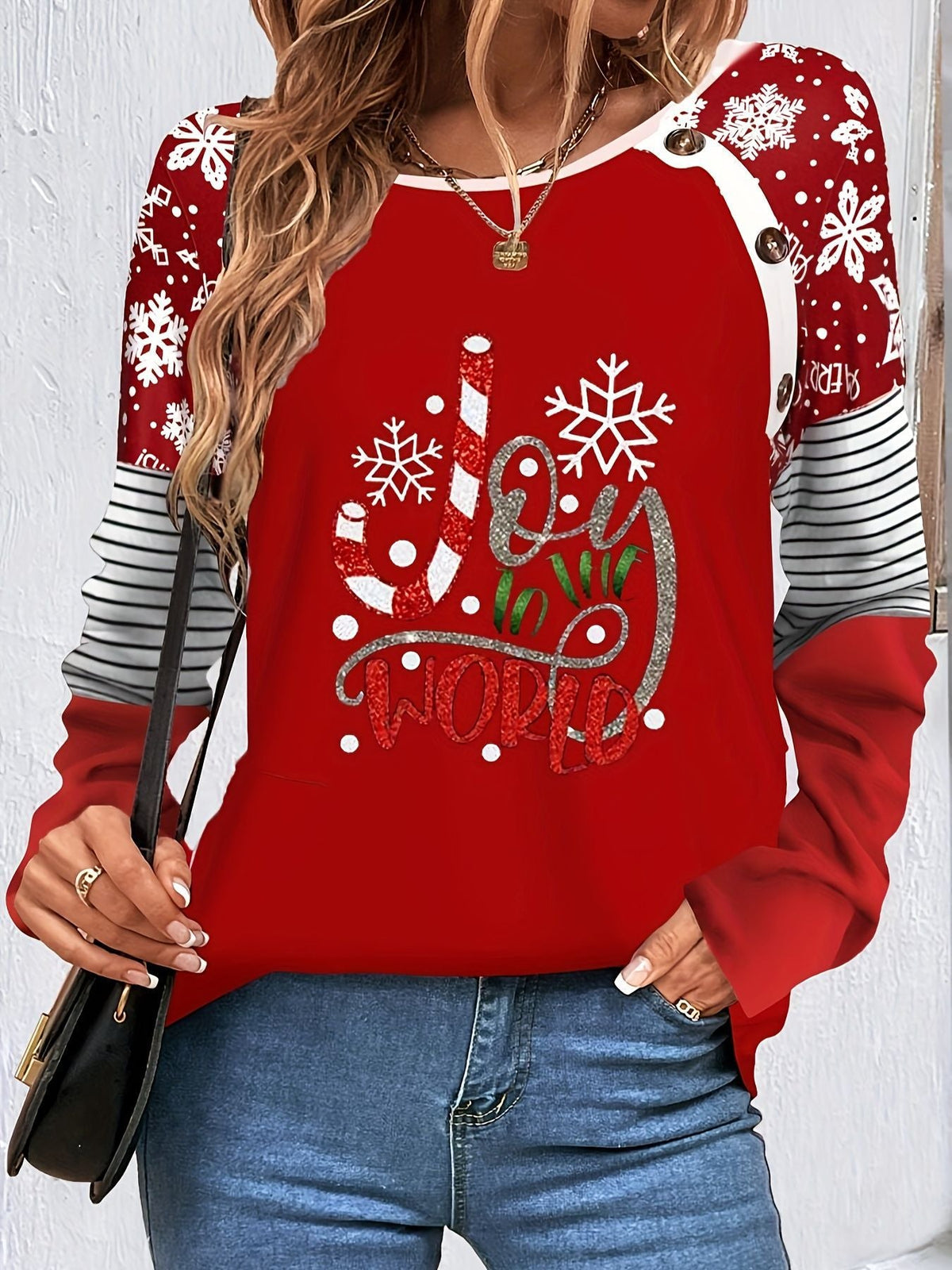 Women's autumn Christmas letter print color-block long-sleeve buttoned top by My Store