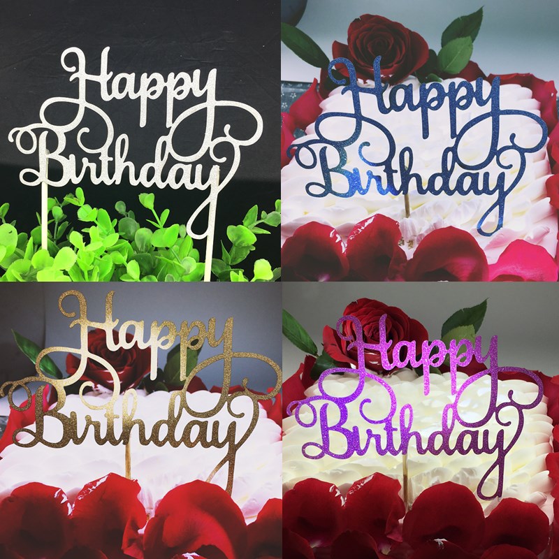 English happy birthday cake flag cake insert with colorful celebratory lettering on a cake topper stick