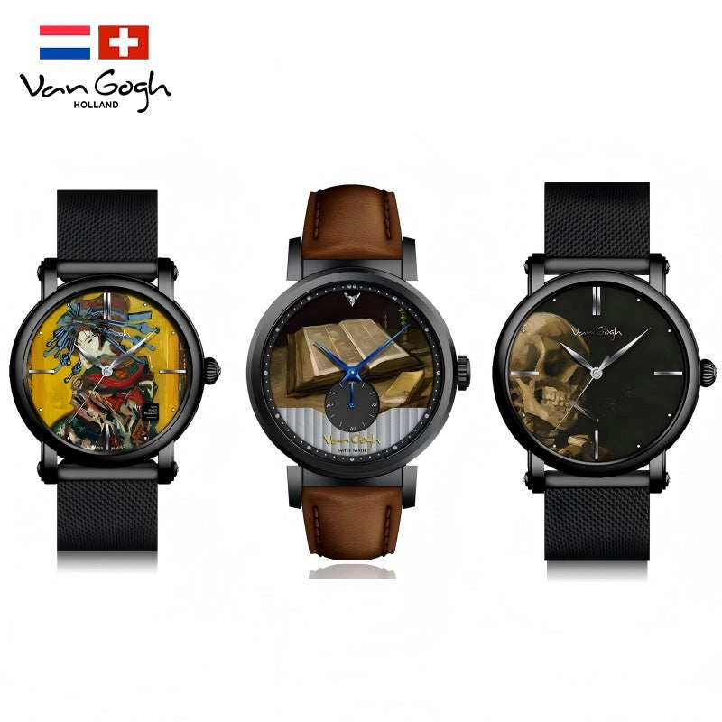 Van Gogh men's quartz wrist watch with 3D printed artistic design