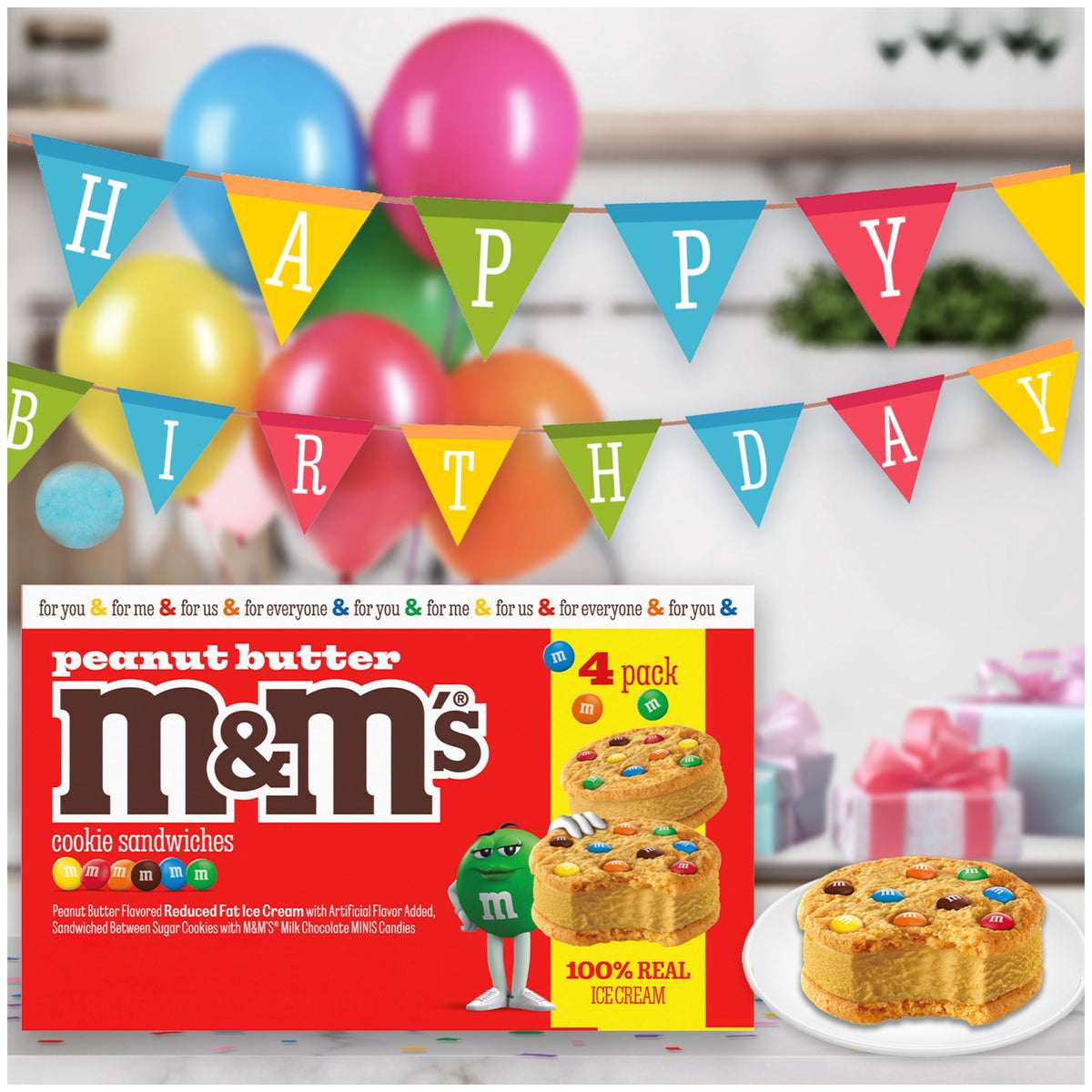 BACKUPMYFILESNOW® M&M'S Peanut Butter Ice Cream Cookie Sandwiches, 14 fl oz, 4-pack, featuring creamy peanut butter and M&M's candies.