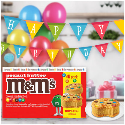 BACKUPMYFILESNOW® M&M'S Peanut Butter Ice Cream Cookie Sandwiches, 14 fl oz, 4-pack, featuring creamy peanut butter and M&M's candies.