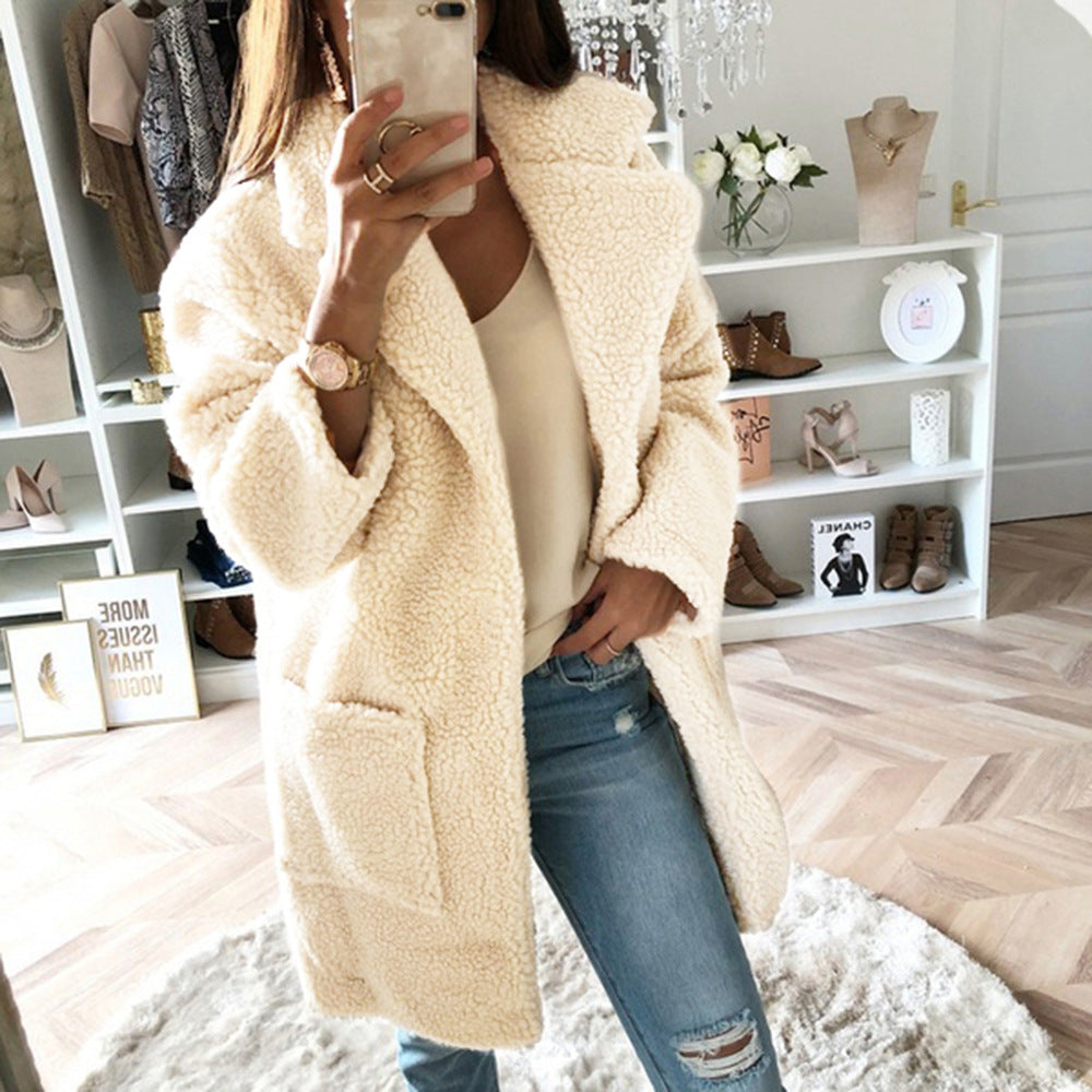 Long faux fur coat with suit collar for women in a casual style