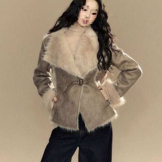 Women’s new suede coat with fur trim in a stylish, warm design