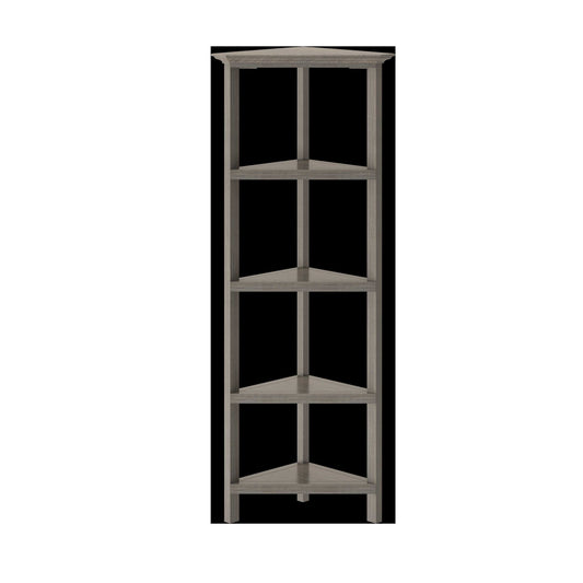 60-inch washed grey solid wood corner bookcase with multiple shelves, designed for stylish storage and display.