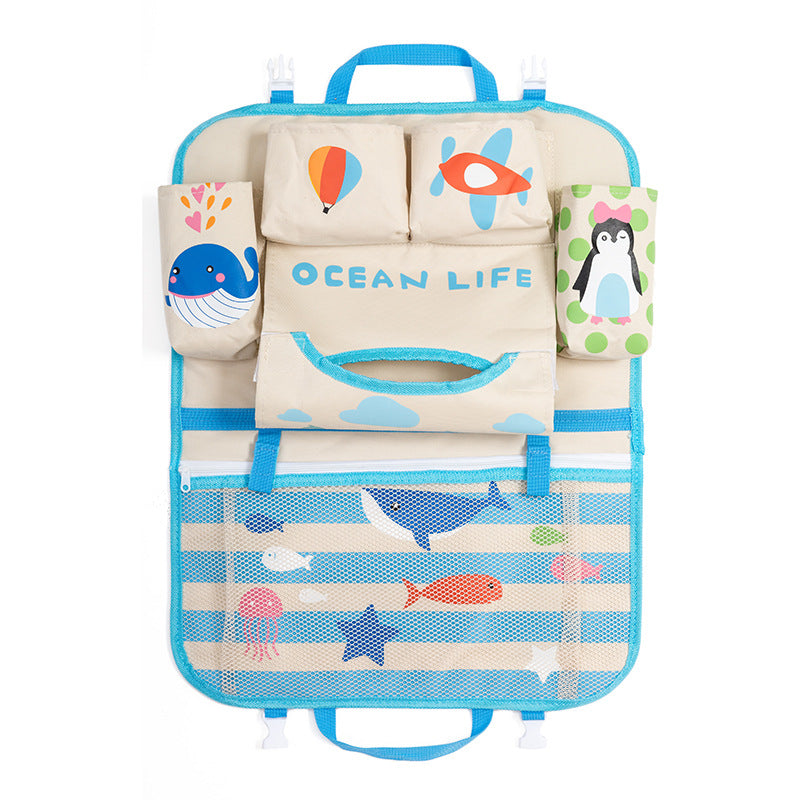Cartoon car storage bag hanging from a vehicle seat in a colorful design