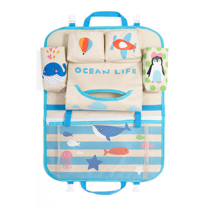 Cartoon car storage bag hanging from a vehicle seat in a colorful design