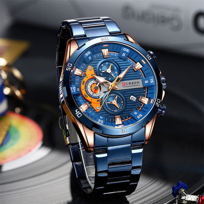 Men's six-hand motorcycle watch with stainless steel strap and detailed analog dial