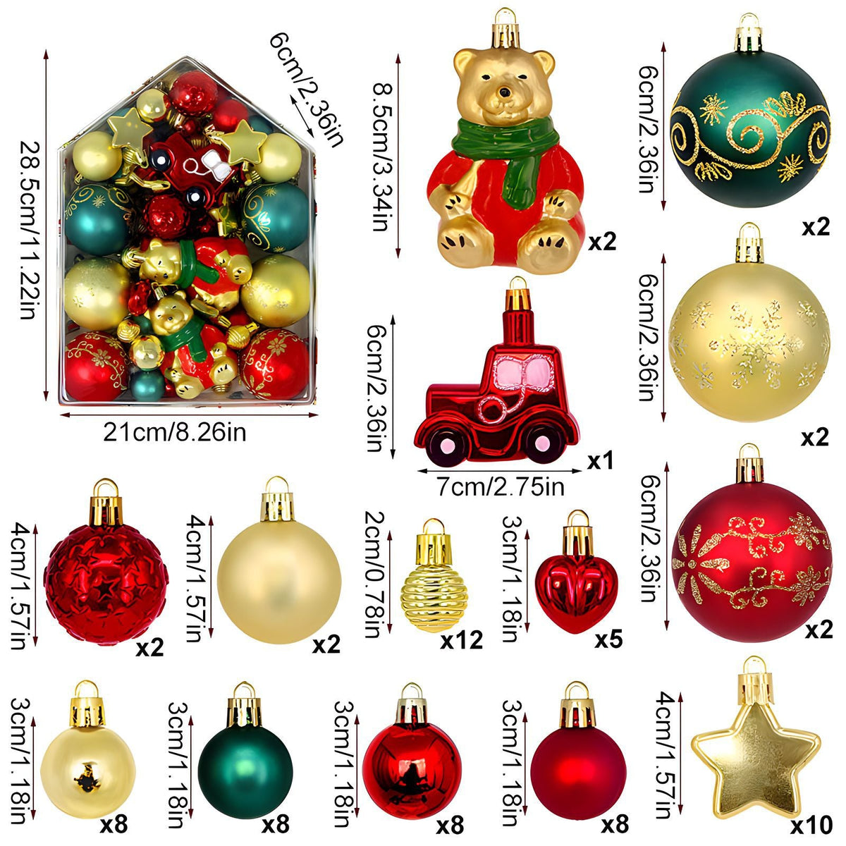Christmas tree ornaments and decorations in assorted festive designs