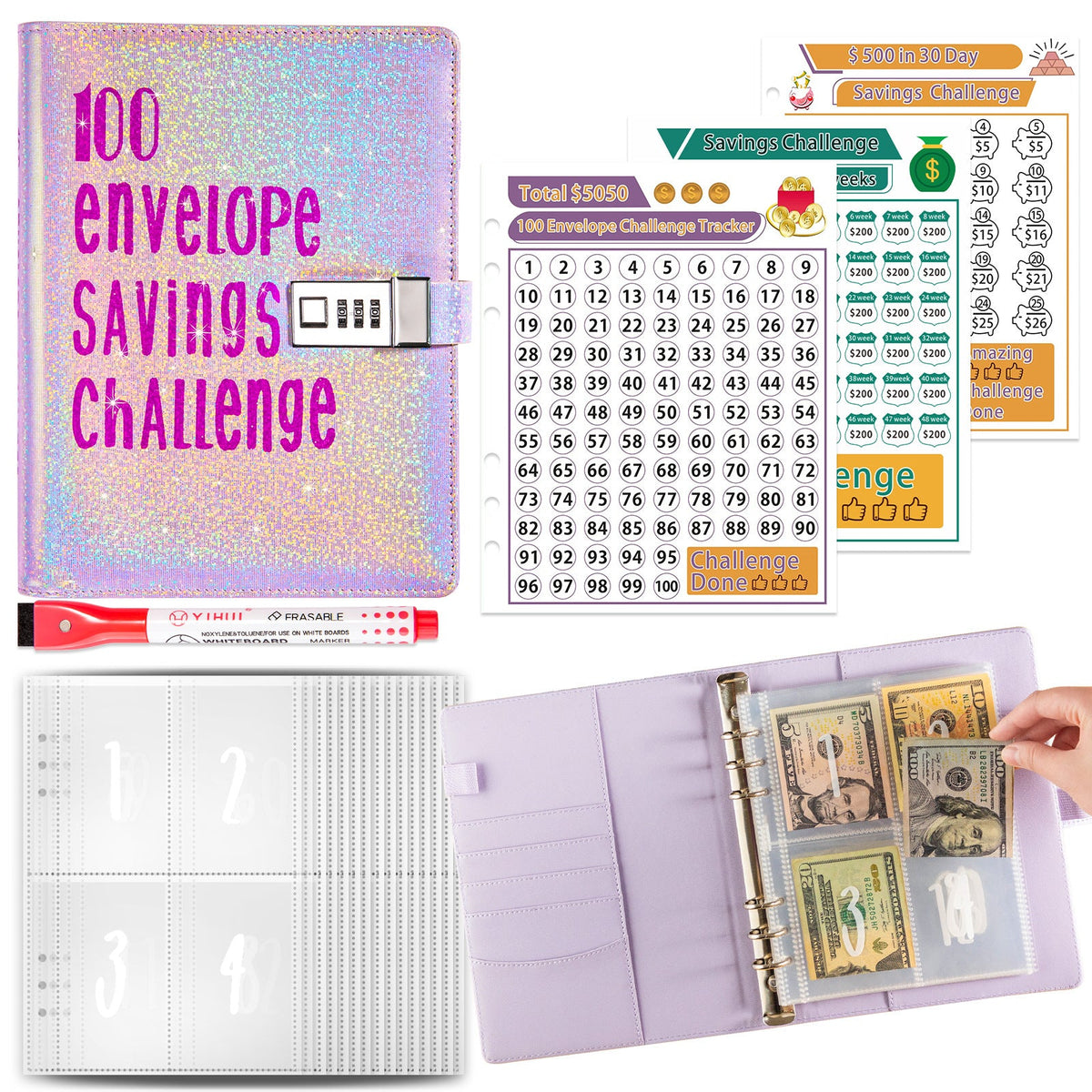 5A Money Saving Challenge planner with savings tracker pages and budgeting worksheets