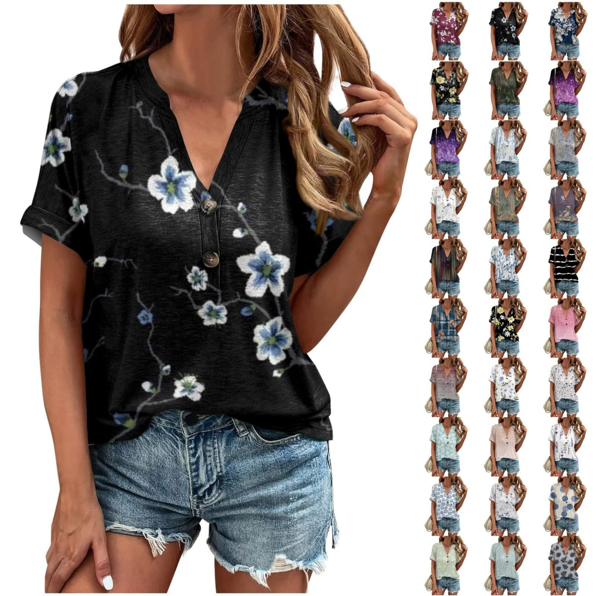 Floral V-Neck Blouse - Short Sleeve Summer Top for Women